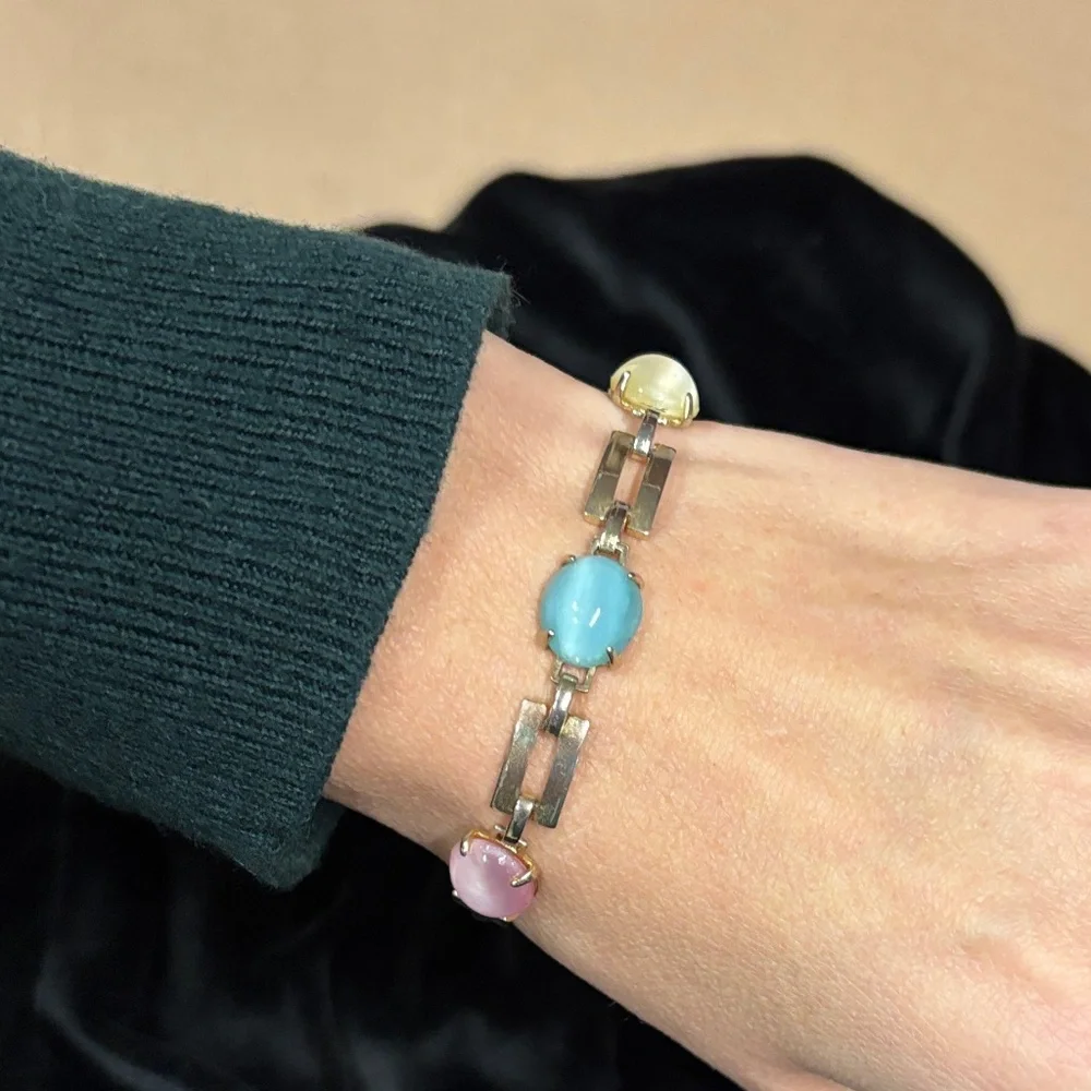 Pastel multi stone gold bracelet with security chain clasp 7" long - Picture 3 of 10